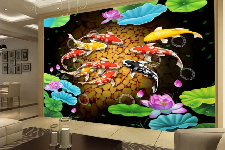 Tranh gạch 3d – Tranh gạch ốp kính 3D Hoa sen cá chép – Tranh cữu Ngư Quần Hội