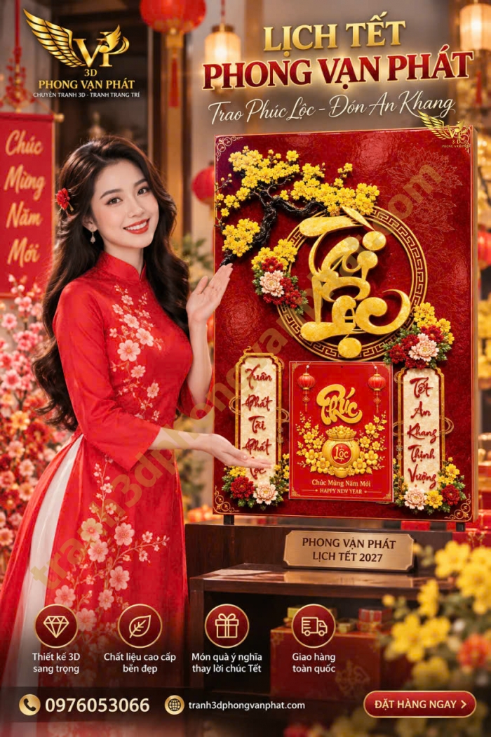 Lịch Tết 2027 Đinh Mùi – Lịch Gỗ Tráng Gương Phong Vạn Phát Cao Cấp