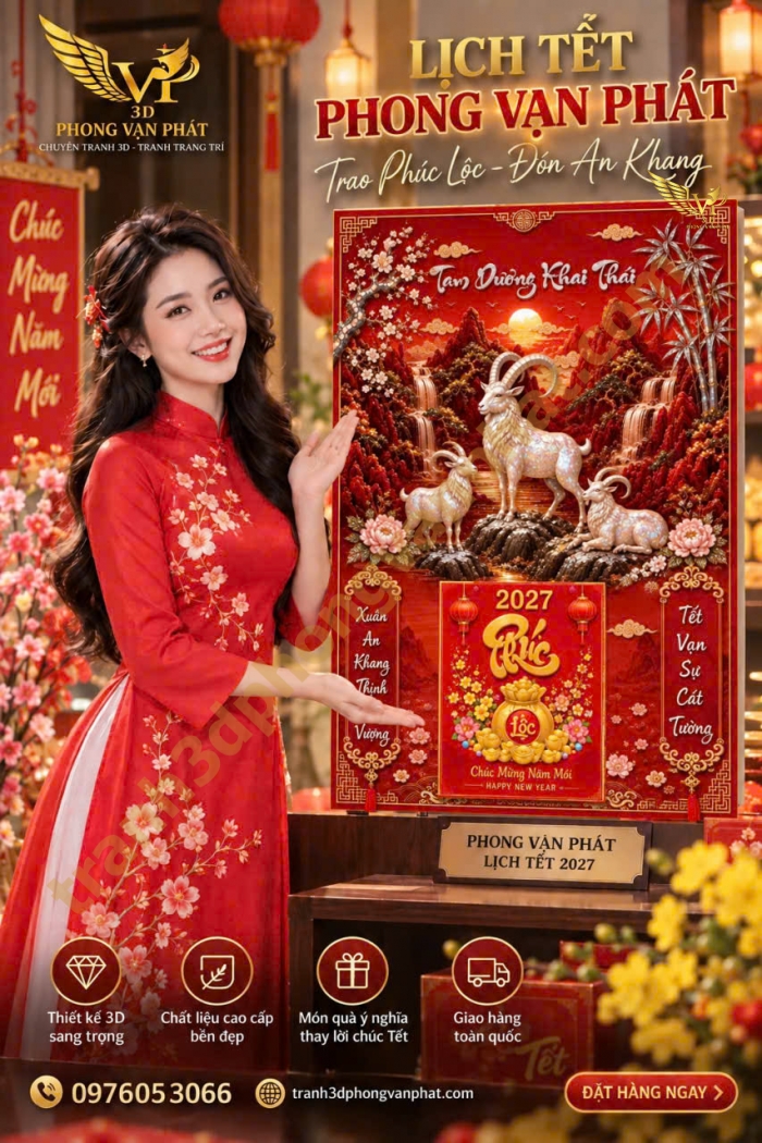 Lịch Tết 2027 Đinh Mùi – Lịch Gỗ Tráng Gương Phong Vạn Phát Cao Cấp