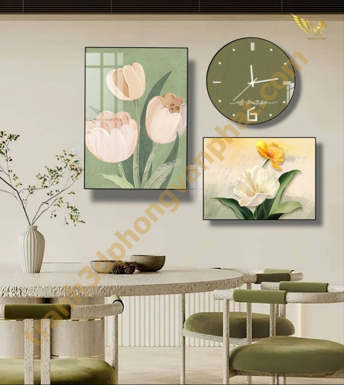 Đồng hồ treo tường, tranh  kết hợp đồng hồ tráng gương, combo3 tranh kết hợp đồng hồ