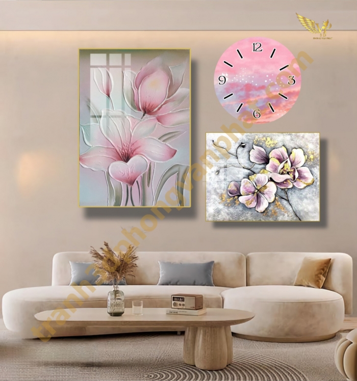 Đồng hồ treo tường, tranh  kết hợp đồng hồ tráng gương, combo3 tranh kết hợp đồng hồ