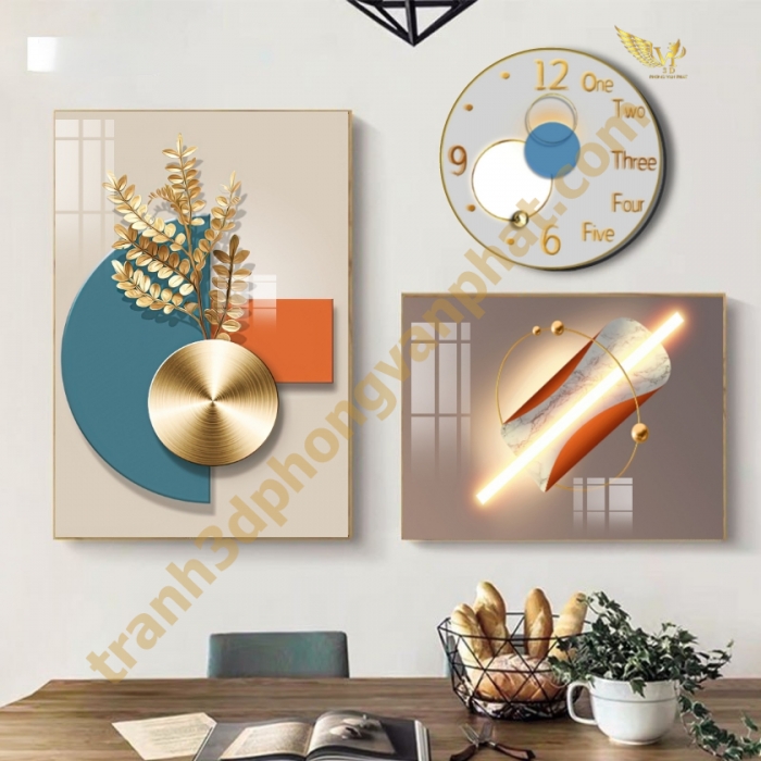 Đồng hồ treo tường, tranh  kết hợp đồng hồ tráng gương, combo3 tranh kết hợp đồng hồ