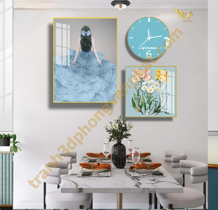 Đồng hồ treo tường, tranh  kết hợp đồng hồ tráng gương, combo3 tranh kết hợp đồng hồ